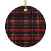 Round Red and Black Plaid Ceramic Christmas Ornament with Gold-Colored Ribbon view 1