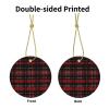 Round Red and Black Plaid Ceramic Christmas Ornament with Gold-Colored Ribbon view 3