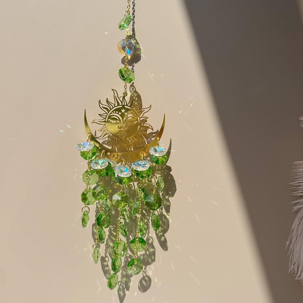 Sun and Moon Face Suncatcher with Crystal Prisms, Green