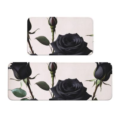 KLAMN Washable, Non-Slip Kitchen Rugs and Mats, Set of 2 Absorbent Kitchen Floor Mats with Gothic Black Roses