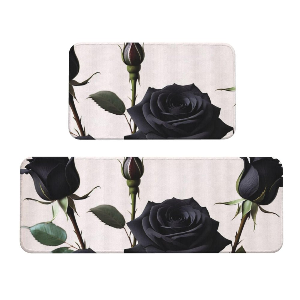 KLAMN Washable, Non-Slip Kitchen Rugs and Mats, Set of 2 Absorbent Kitchen Floor Mats with Gothic Black Roses