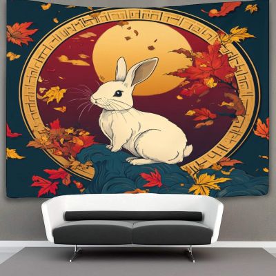 kaiyun Rabbit Tapestry, 3D Leaves Wall Hanging, Bedspread for Bedroom or Living Room, 130 x 150 cm