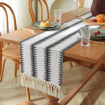 PIPRE Boho Table Runner with Tassels, Striped Plaid, Cotton and Jute, 30 x 140 cm