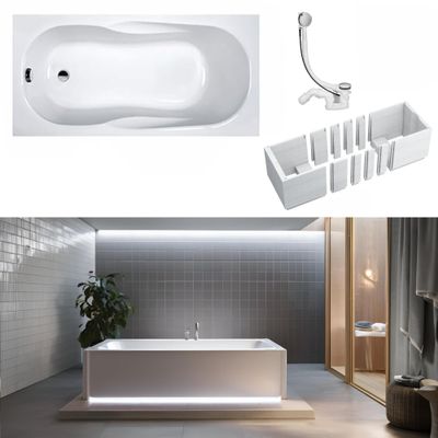 VBChome Bathtub 140 x 70 cm, White Acrylic, LED Lighting Space, EPS Carrier and Chrome Drain Set