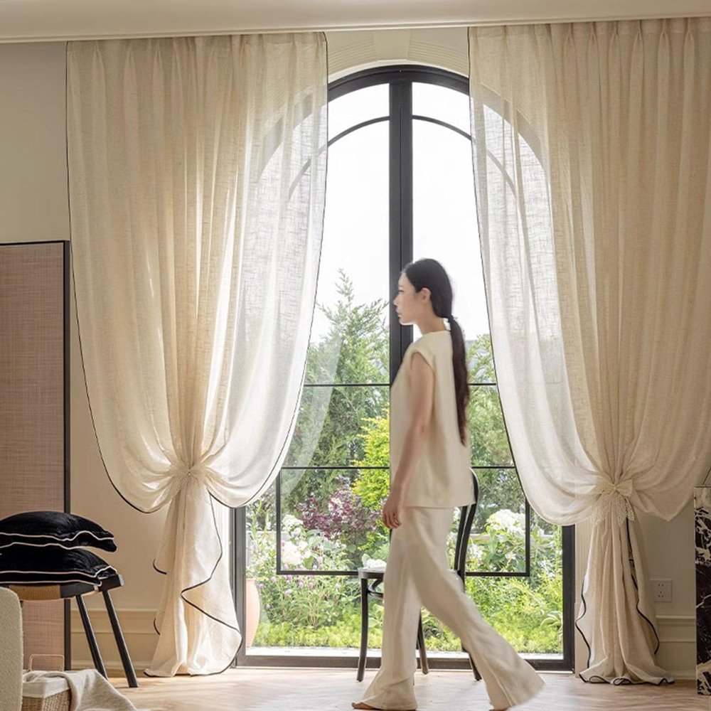 CERTNKI Sheer Eyelet Curtains, 175 x 140 cm, 2 Panels, Linen Look