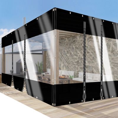 SSFMSF Clear PVC Tarp Windproof Curtain with 2 Zippers, 0.5 mm Waterproof, Cold Protection, 2.7 m x 1.8 m, Black/Clear