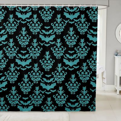 Homewish Halloween Bat Damask Shower Curtain Set, 180 x 180 cm, Gothic Teal Silhouette
