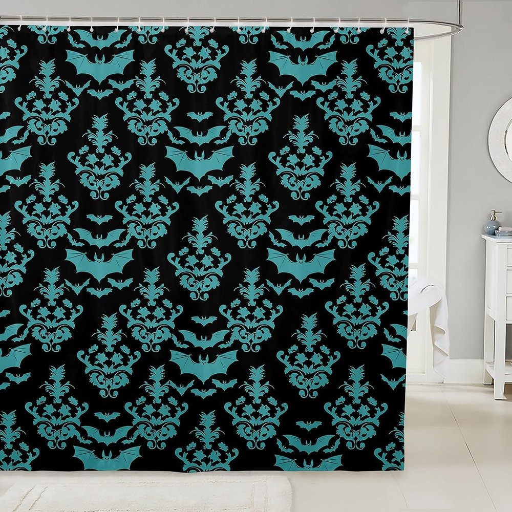 Homewish Halloween Bat Damask Shower Curtain Set, 180 x 180 cm, Gothic Teal Silhouette