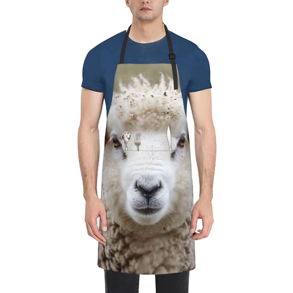 JKSEEPYN Cute Sheep and Lamb Printed Apron, Waterproof, Adjustable, Black, One Size