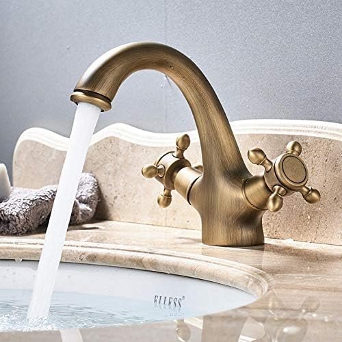 Double-Handle Bathroom Sink Faucet, Deck-Mount, Brass, Hot and Cold Water, Antique Brass