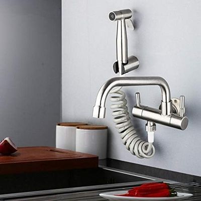 Wall-Mounted Kitchen Faucet, Double Handle, 304 Stainless Steel, Cold Water