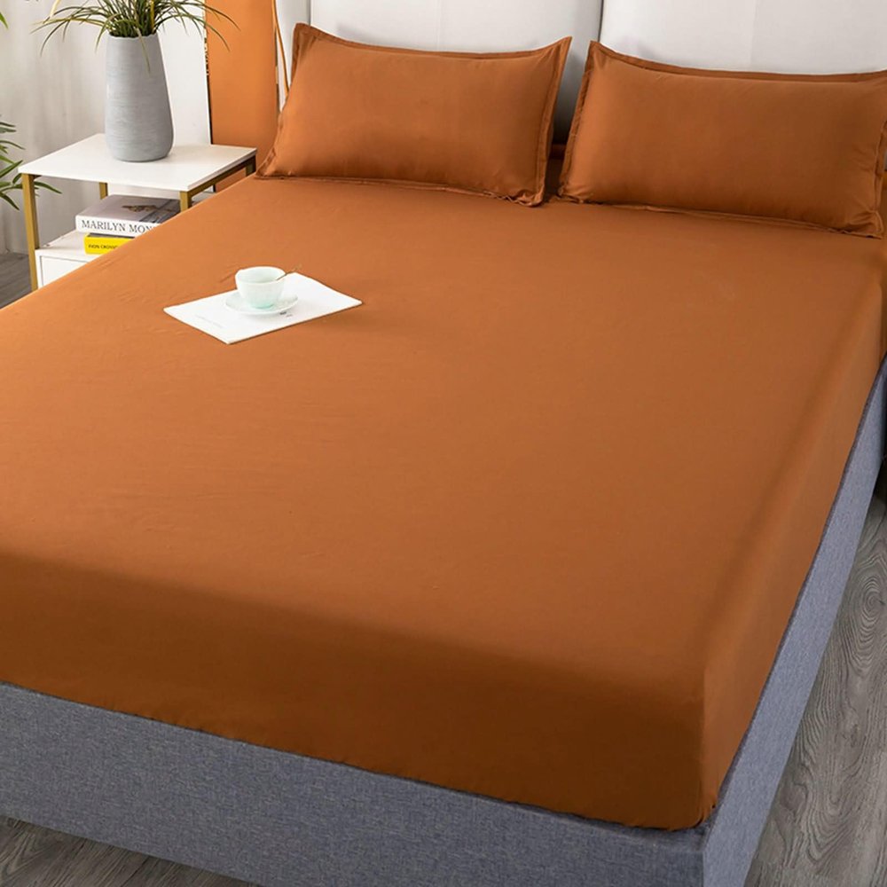 Homxi Box-Spring Fitted Sheet and 2 Pillowcases, 200 x 220 cm, Elastic Solid Coffee