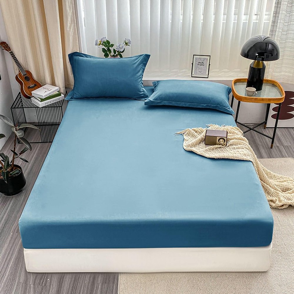 Homxi Fitted Sheet, 90 x 200 x 20 cm, Elastic Solid-Color Fitted Sheet, Dark Blue