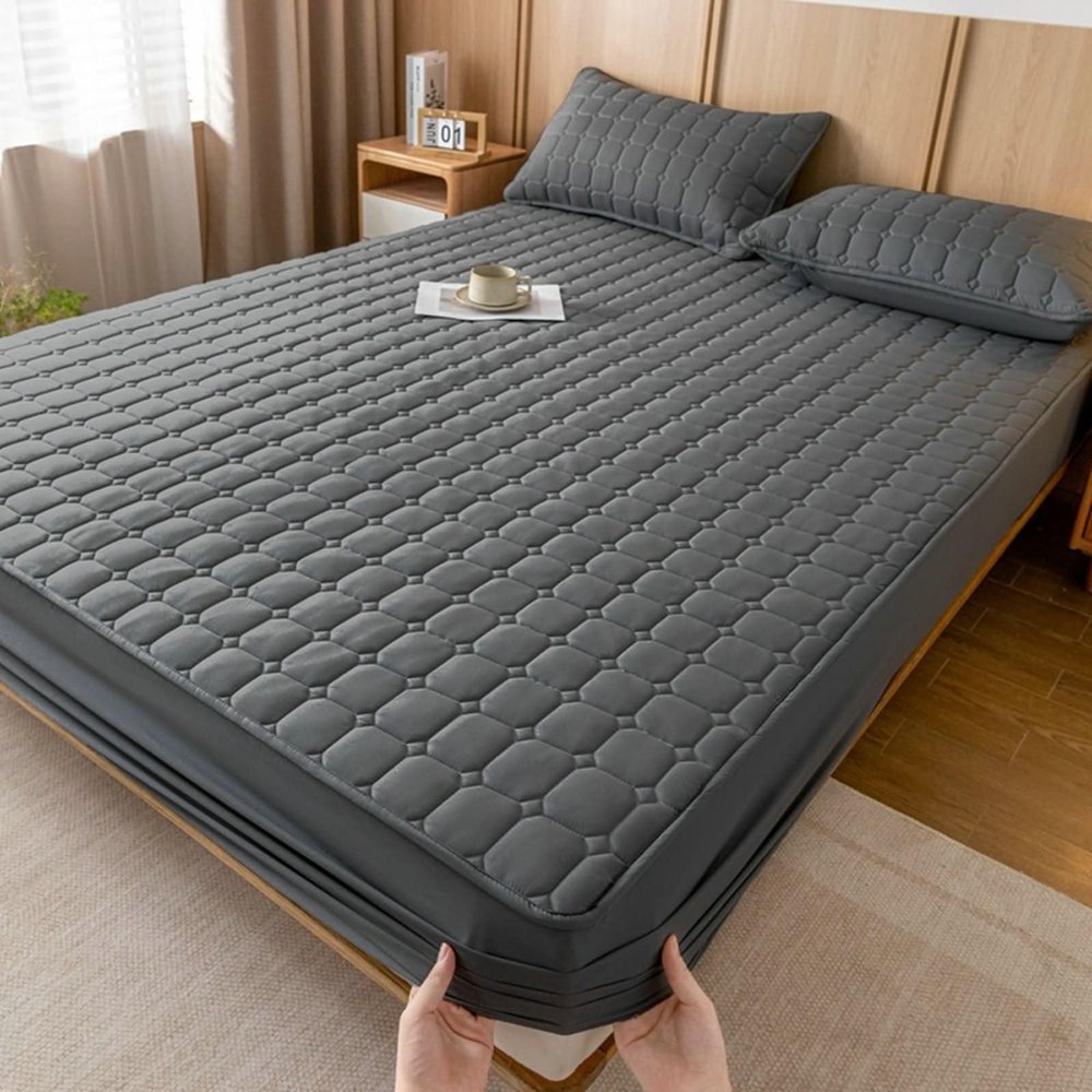 Homxi Fitted Sheet Set with 2 Pillowcases, 150 x 200 x 28 cm, Black and Gray Geometric