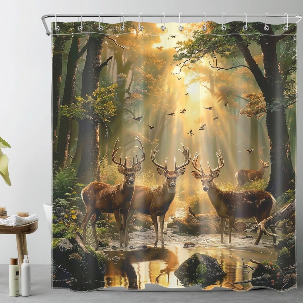 LB Autumn Forest Shower Curtain 240 x 175 cm (W x H), Deer in Trees