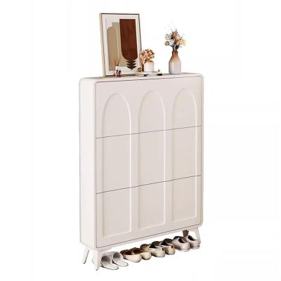 Modern White Shoe Cabinet with 3 Fold-Down Drawers, Narrow Shoe Organizer for Entryway, Hallway, or Bedroom (55 x 17 x 1)