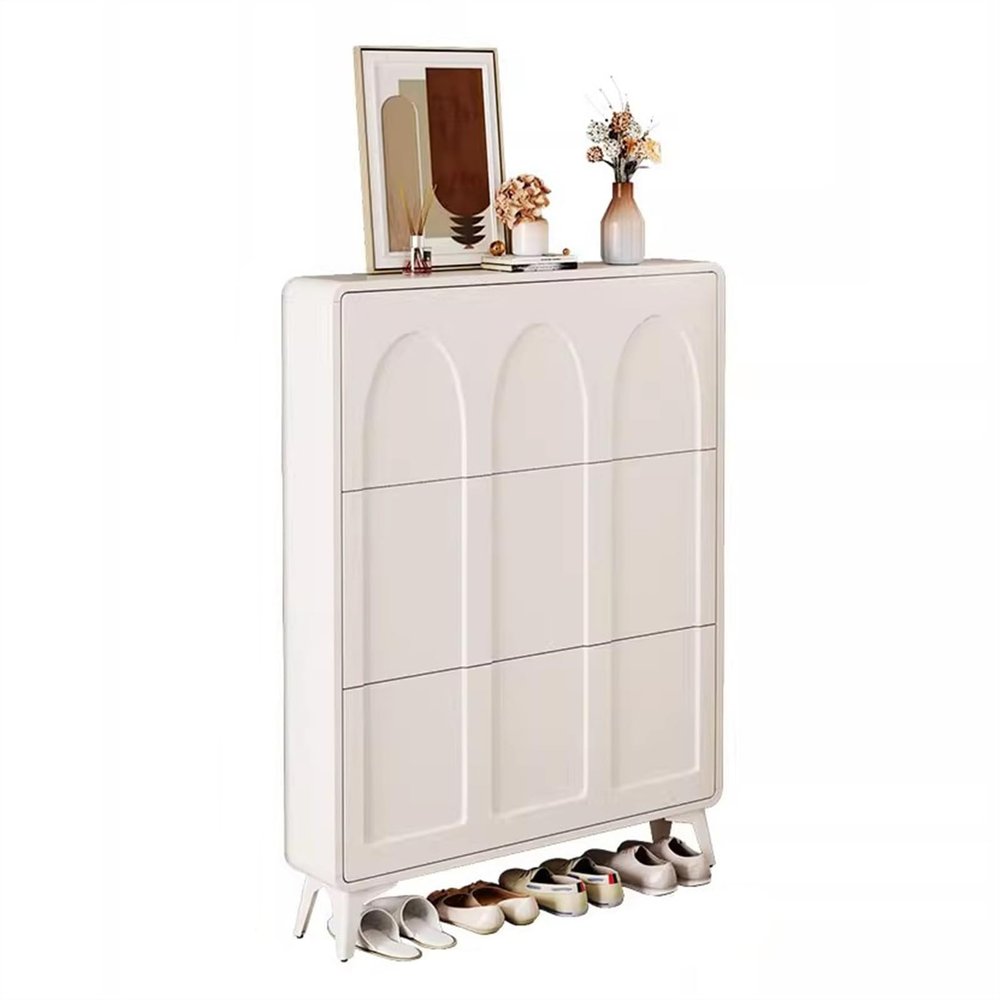 Modern White Shoe Cabinet with 3 Fold-Down Drawers, Narrow Shoe Organizer for Entryway, Hallway, or Bedroom (55 x 17 x 1)