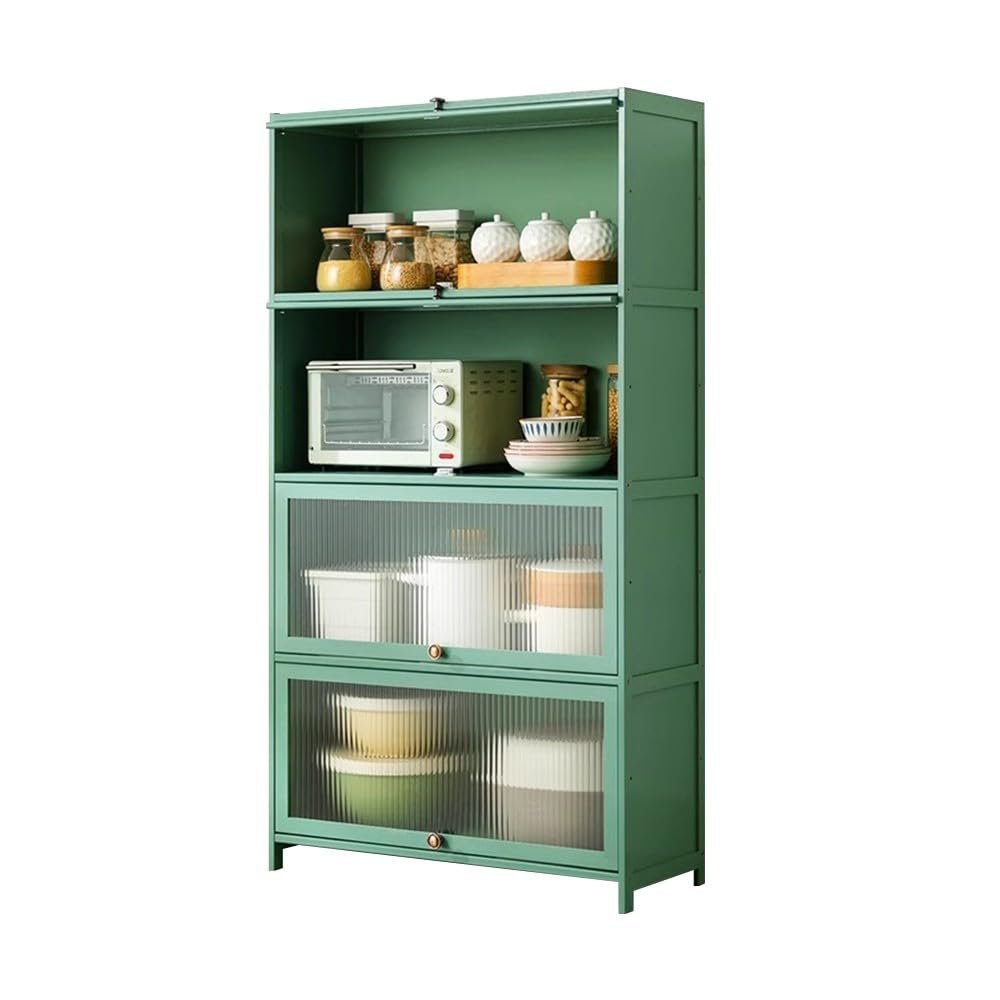Modern Bamboo Kitchen Cabinet with Transparent Doors and Tall Compartments, Green