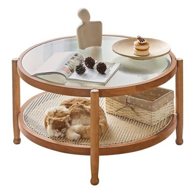 Small Modern Glass Coffee Table, Round 31.5-Inch Coffee Table for Living Room, 2-Piece Coffee Table with Glass Top, Storage and Wooden Legs