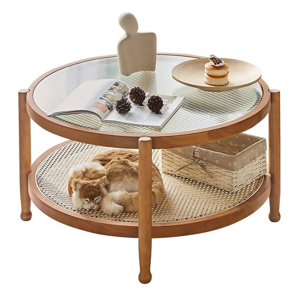 Small Modern Glass Coffee Table, Round 31.5-Inch Coffee Table for Living Room, 2-Piece Coffee Table with Glass Top, Storage and Wooden Legs