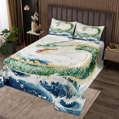 Loussiesd Kids’ Green Dragon Bedspread, 220 x 240 cm, Japanese Ukiyo-e Style