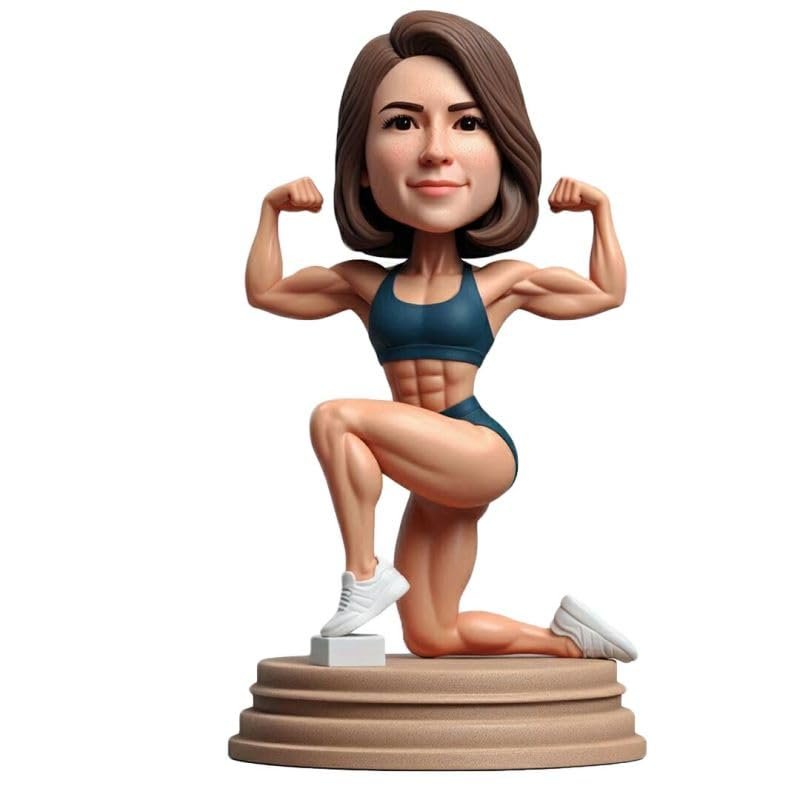 mydedor Custom Fitness Woman Bobblehead, Personalized Kneeling Female Figure with Muscles