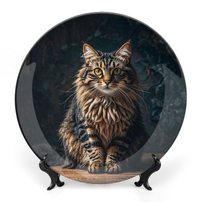 RKJVB Decorative Bone China Plate, 25.7 cm, with Stand, Cute Cat Design