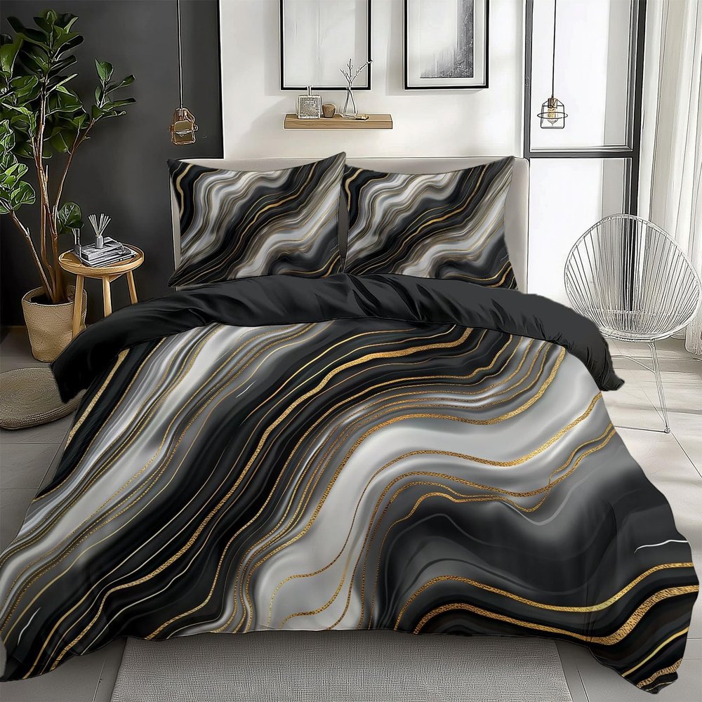 CozyRest Black Reversible Duvet Cover Set, 200 x 200 cm, 3-Piece Nordic Style