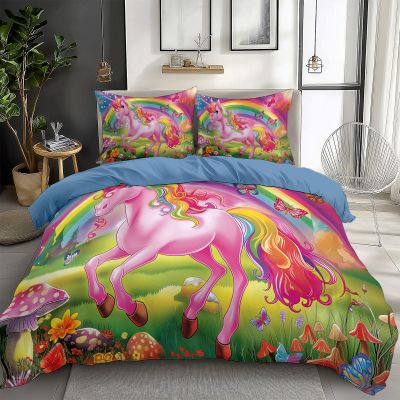 CozyRest Kids' Bedding Set 155 x 220 cm, Colorful Long-Haired Unicorn 3-Piece Duvet Cover Set, Soft Reversible Blue Microfiber Bedding with Zipper and 2 Pillowcases 80 x 80 cm