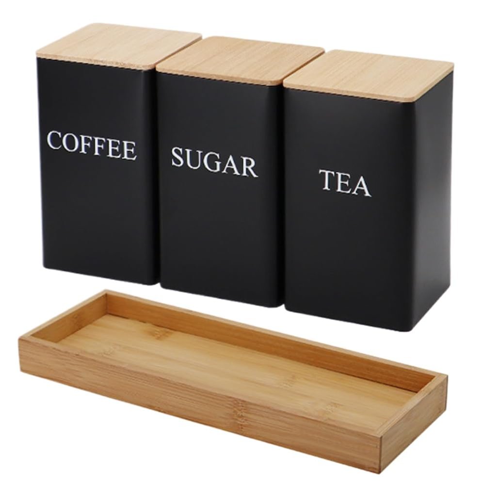 Yominerr 3-Piece Tea, Coffee, and Sugar Canister Set with Tray and Bamboo Lids