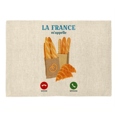 Linen-Look Placemat France m'appelle Baguette Croissant Clis, Large Size 40 x 28.5 cm