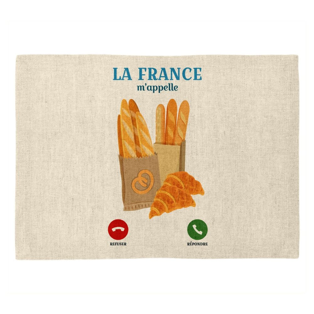 Linen-Look Placemat France m'appelle Baguette Croissant Clis, Large Size 40 x 28.5 cm