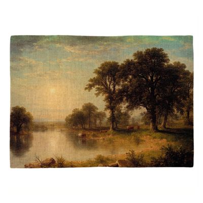 Linen-Look Placemat, Forest Meadow Motif with Bucolic Cows, 40 x 28.5 cm