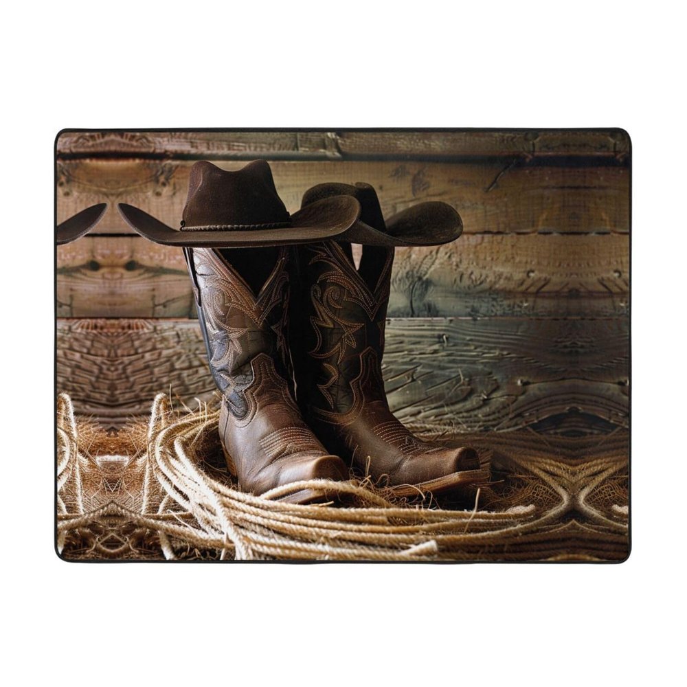 Cowboy Rug with Black Hat and Western Boots Print, Plush, 160 x 121.9 cm