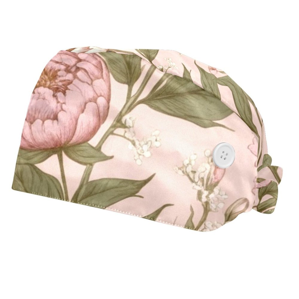 FQURFHY 2-Pack Women's Surgical Caps with Satin Lining, Rose Flower Buds