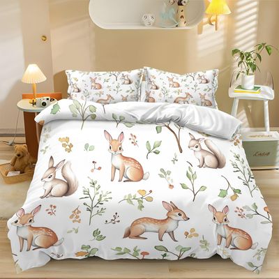 Watercolor Rabbit and Deer Duvet Cover Set, 200 x 200 cm, Soft Microfiber 3D Print