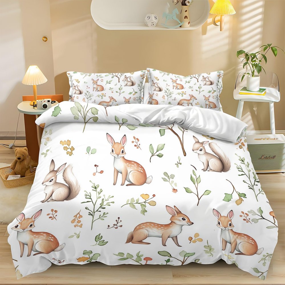Watercolor Rabbit and Deer Duvet Cover Set, 200 x 200 cm, Soft Microfiber 3D Print