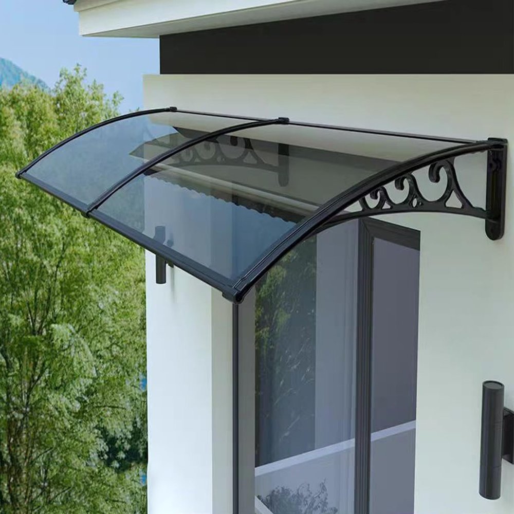 Door Awning, Polycarbonate Canopy, 39 x 51 in, Black Brackets