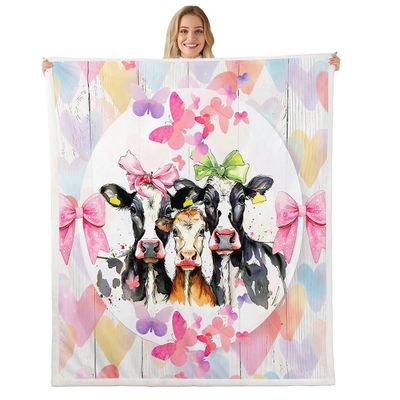 Loussiesd Children's Cow Blanket, 220 x 240 cm, Farm Animal Butterfly, Retro Cowboy Western Decor