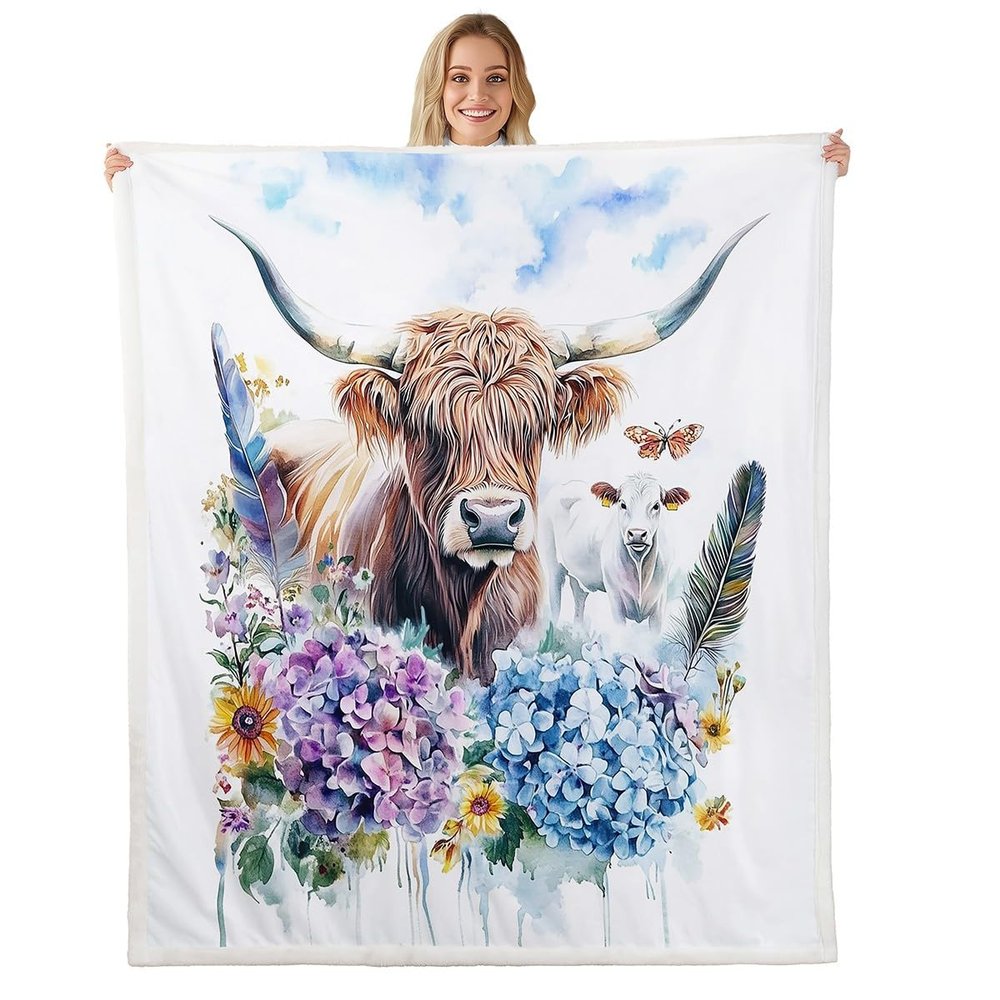 Loussiesd Highland Cow Blanket 220 x 240 cm, Blue and Purple