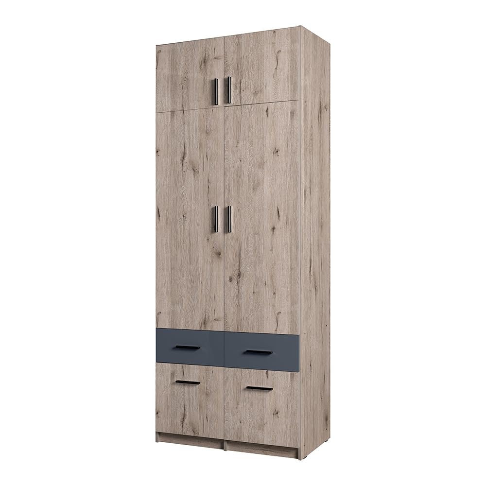 Lomadox SELAWIK-166 Bedroom Wardrobe, 2-Door with Top Cabinet, 92 cm Wide, Oak/Graphite