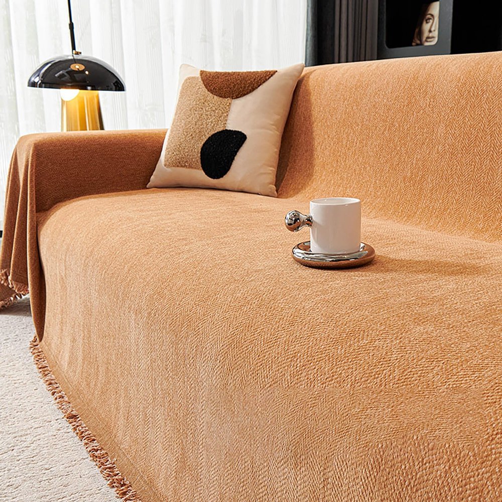 LRUPVEG Reversible Sofa Cover, Beige Chenille Sofa Throw, Caramel, 180 × 300 cm