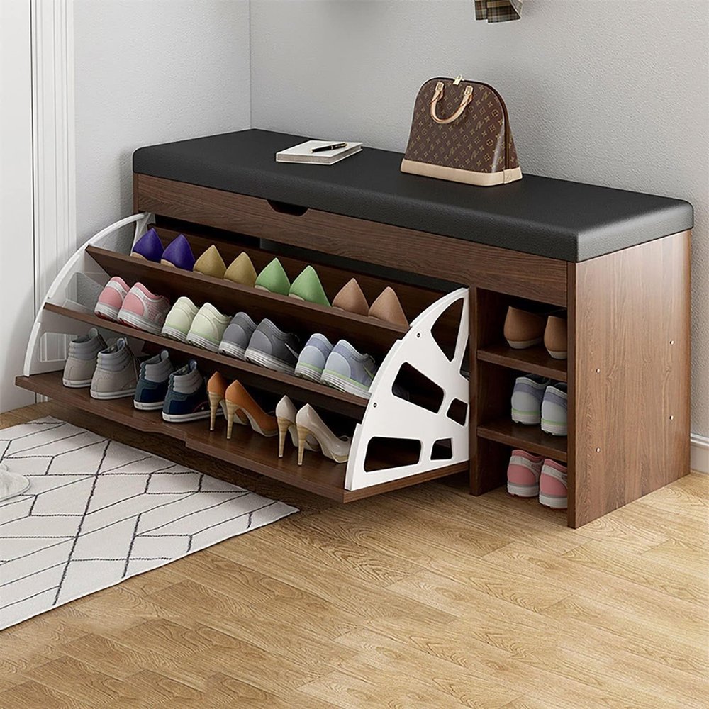 Flip-Drawer Shoe Storage Bench with PU Cushion