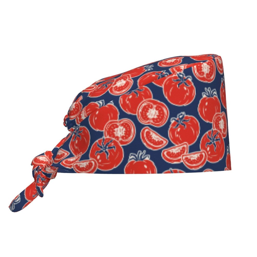 Surgical Caps for Women and Men, Cute Red Tomato-Blue, Soft, Adjustable