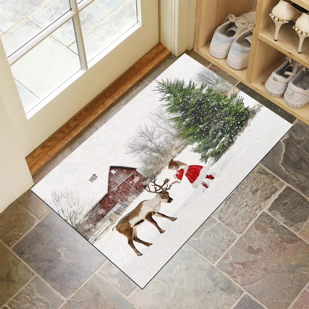 MULERN Doormat, 16 x 24 in, Non-Slip Washable Entry Mat with Rubber Backing, Girl and Reindeer Design