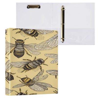 3-Ring Notebook, 1.5 in, Pocket Cover, 1/2-Pack, Hardcover, Yellow Bee Pattern