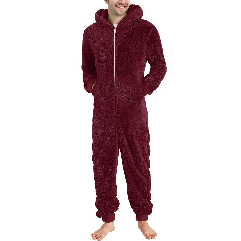 Men's Hooded Plush Fleece Jumpsuit Pajama