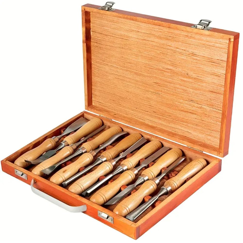 QPWYSH 12-Piece Wood Carving Chisel Set with Wooden Box