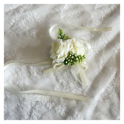 XPJYUA Wedding Wrist Corsage with Artificial Silk Rose and Ribbon, White