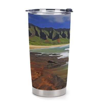 LBKHDS Reusable Plastic Water Cup with Lid, Seashore Print, Spill-Resistant Sports Travel Coffee Mug